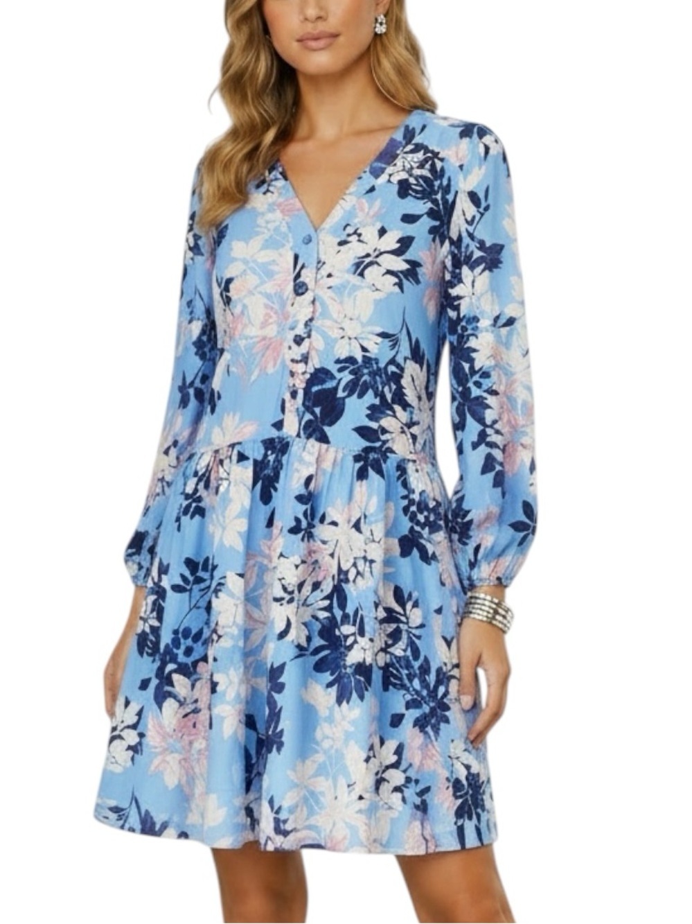 NWT VINCE CAMUTO Floral 3/4 Sleeve Button Front Side Pockets Mini Dress Size 6